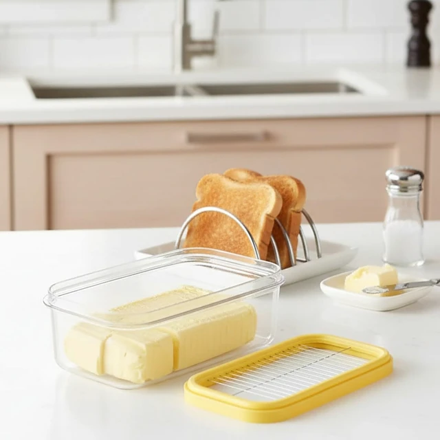 Alt view image 5 of 6 - Butter Cutter Slicer and keeper for Fridge, Butter Container | Compact 200g Fits East and West Coast Butter Sticks, PC with Stainless Steel Cutting Grid Container, Non-airtight Lid