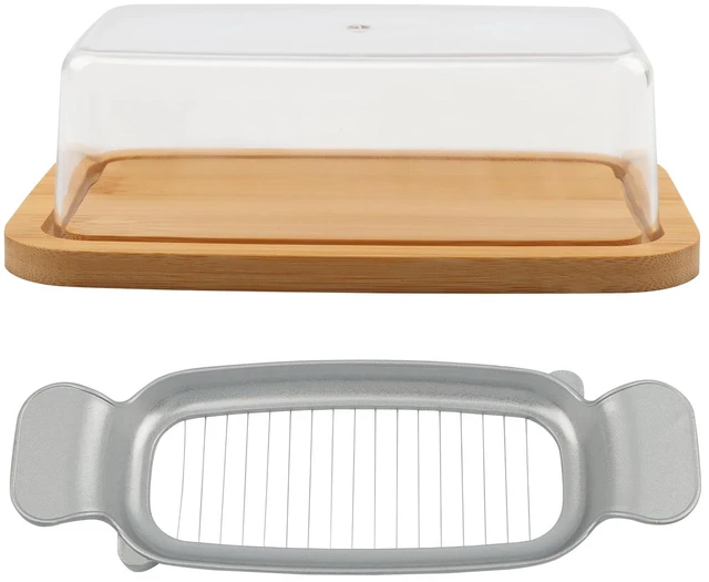 Main image of Butter Dish with Lid and Butter Slicer for Standard Sticks | Butter storage dish with clear lid and wire slicer for standard sticks; cuts 1/4 in portions for countertop or fridge use