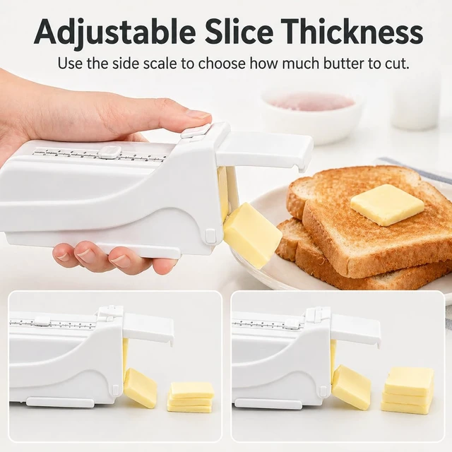 Alt view image 2 of 7 - Butter Slicer and Dispenser, Adjustable Cutter for Stick Butter, White | ABS body with stainless steel wire; measuring marks; storage case use; includes replacement scale strip.