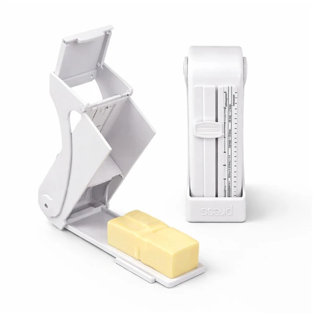 Main image of Butter Slicer and Dispenser, Adjustable Cutter for Stick Butter, White | ABS body with stainless steel wire; measuring marks; storage case use; includes replacement scale strip.