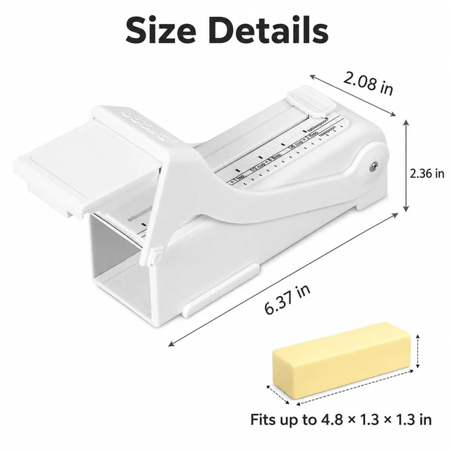 Alt view image 3 of 7 - Butter Slicer and Dispenser, Adjustable Cutter for Stick Butter, White | ABS body with stainless steel wire; measuring marks; storage case use; includes replacement scale strip.