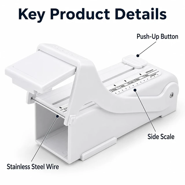 Alt view image 5 of 7 - Butter Slicer and Dispenser, Adjustable Cutter for Stick Butter, White | ABS body with stainless steel wire; measuring marks; storage case use; includes replacement scale strip.