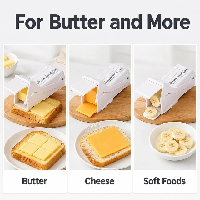 Alt view image 7 of 7 - Butter Slicer and Dispenser, Adjustable Cutter for Stick Butter, White | ABS body with stainless steel wire; measuring marks; storage case use; includes replacement scale strip.