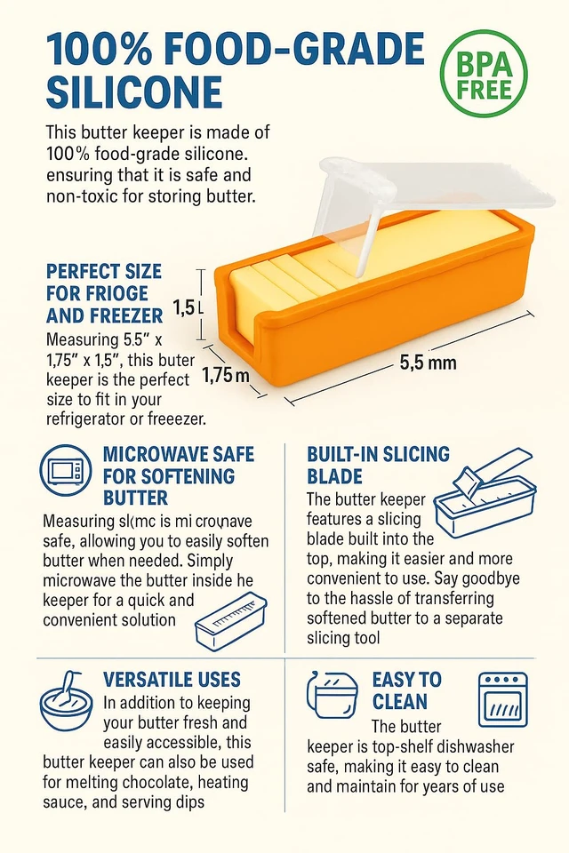 Alt view image 3 of 6 - Silicone Butter Keeper with Built-in Slicing Blade & Microwave Safe Lid - Keep Butter Fresh & Accessible BPA Free (Orange)