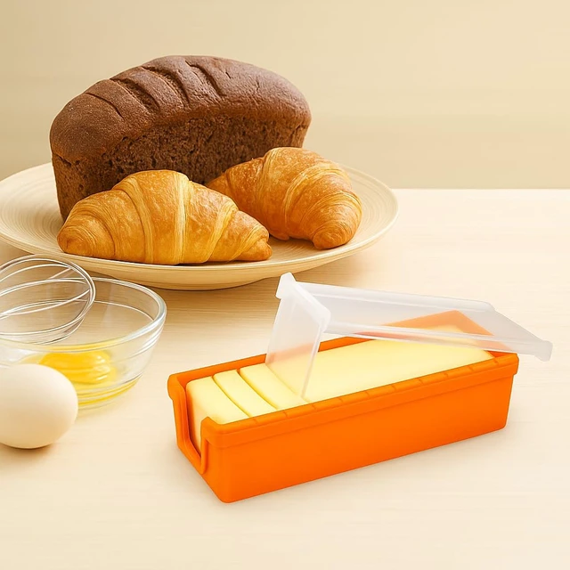 Alt view image 5 of 6 - Silicone Butter Keeper with Built-in Slicing Blade & Microwave Safe Lid - Keep Butter Fresh & Accessible BPA Free (Orange)