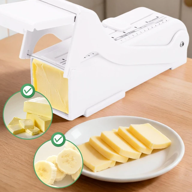Alt view image 5 of 7 - Butter Slicer and Dispenser, Stick Butter Cutter with Stainless Steel Wire | Adjustable Cheese Slicer with Measuring Scale Plastic Cheese Keeper and Storage Container Kitchen Tools, White