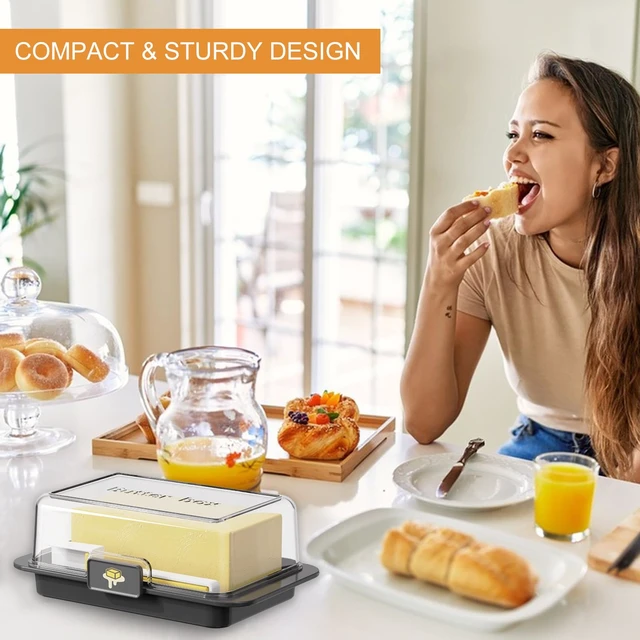 Alt view image 6 of 6 - Airtight Butter Dish with Lid and Cutter, Ideal for Countertop and Refrigerator Storage, Plastic Butter Keeper Tray for Easy Cutting and Serving (Black, Medium)