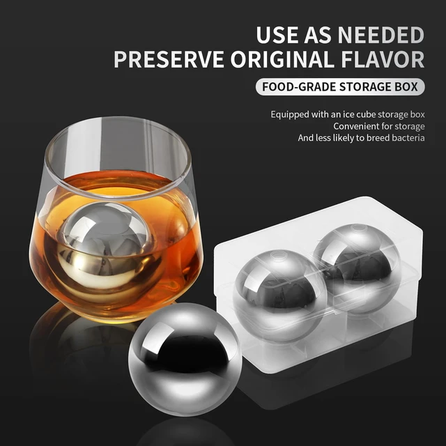 Alt view image 3 of 7 - Large 2.2" Stainless Steel Whiskey Ice Balls Set of 2 Reusable Metal Cubes, Chill Whiskey & Cocktails Without Dilution, for Men