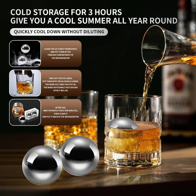 Alt view image 6 of 7 - Large 2.2" Stainless Steel Whiskey Ice Balls Set of 2 Reusable Metal Cubes, Chill Whiskey & Cocktails Without Dilution, for Men