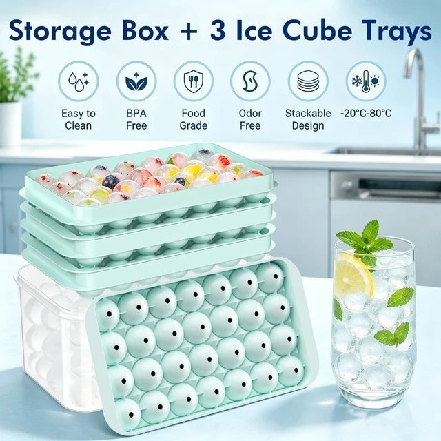 Alt view image 2 of 7 - Ice Cube Tray with Lid and Bin - 3 Pack for 0.95 Inch Mini Ice Balls | Makes 84 Small Ice Balls with BPA-free Trays and Storage Bin, Ideal for Juice, Soda, Coffee and Cocktails