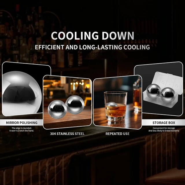 Alt view image 4 of 7 - Large 2.2" Stainless Steel Whiskey Ice Balls Set of 2 Reusable Metal Cubes, Chill Whiskey & Cocktails Without Dilution, for Men
