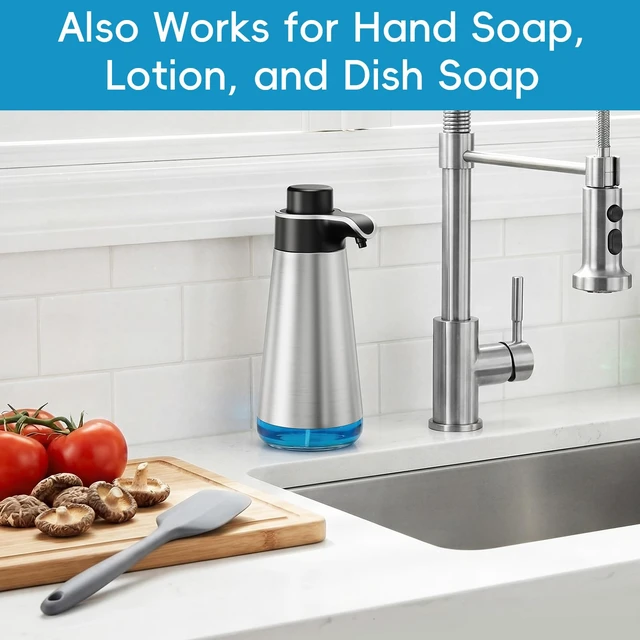 Alt view image 5 of 7 - Soap Dispenser for Bathroom & Kitchen, 15 fl oz Refillable Soap Dispenser, Brushed Silver Metal Look Countertop Soap Dispenser, Rust-Free Hand Soap & Dish Soap Dispenser