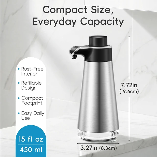 Alt view image 6 of 7 - Soap Dispenser for Bathroom & Kitchen, 15 fl oz Refillable Soap Dispenser, Brushed Silver Metal Look Countertop Soap Dispenser, Rust-Free Hand Soap & Dish Soap Dispenser