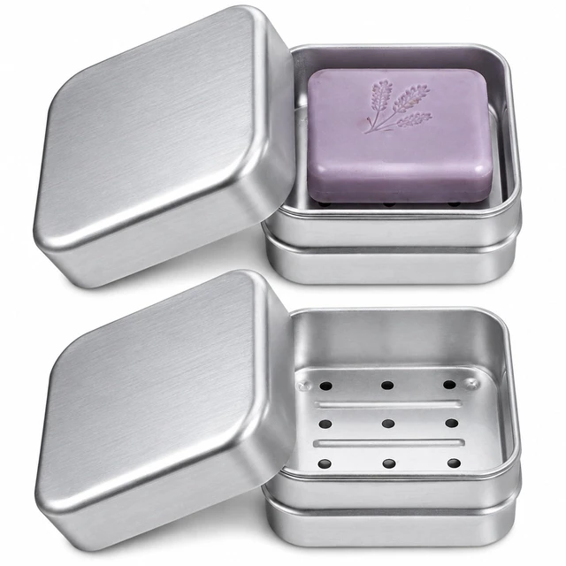 Main image of 2 Pcs Travel Soap Case Aluminum Portable Soap Holder with Lids | Moisture Resistant Self Draining Metal Soaps Container with Draining Layer for Home and Travel Accessories
