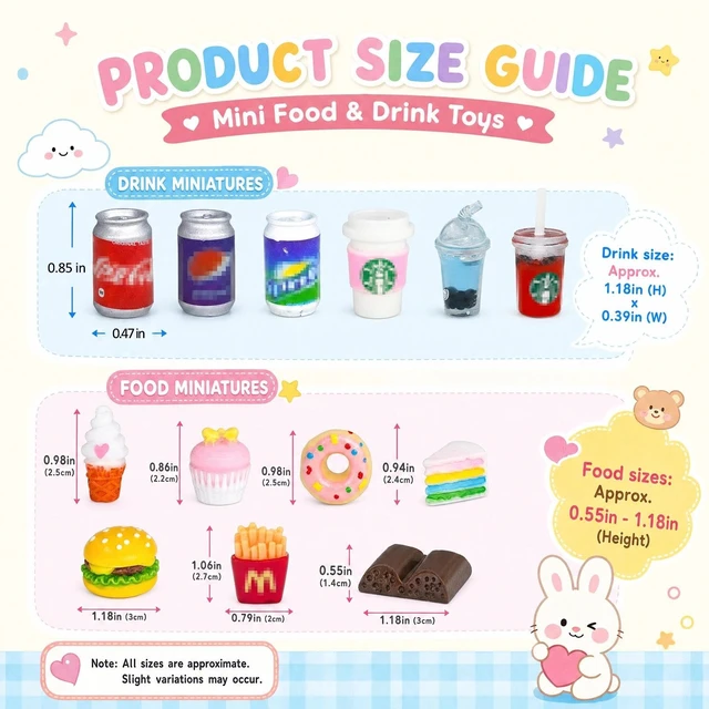 Alt view image 2 of 7 - 50 Pcs Miniature Food Drink Bottles Soda Pop Cans Pretend Play Kitchen Game Party Accessories Toys Hamburg Cake Ice Cream for 1/12 Doll House (25Food+25Drink)