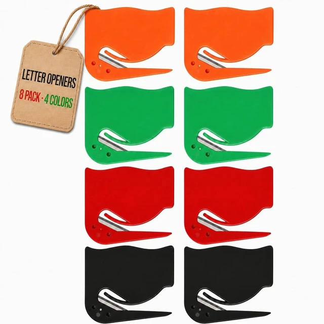 Main image of Letter Opener Envelope Slitter 8 Pack, Mail Opener and Envelope Opener with Concealed Blade, Portable Letter Openers for Home Office Mailroom Travel, 4 Colors, 2 Each
