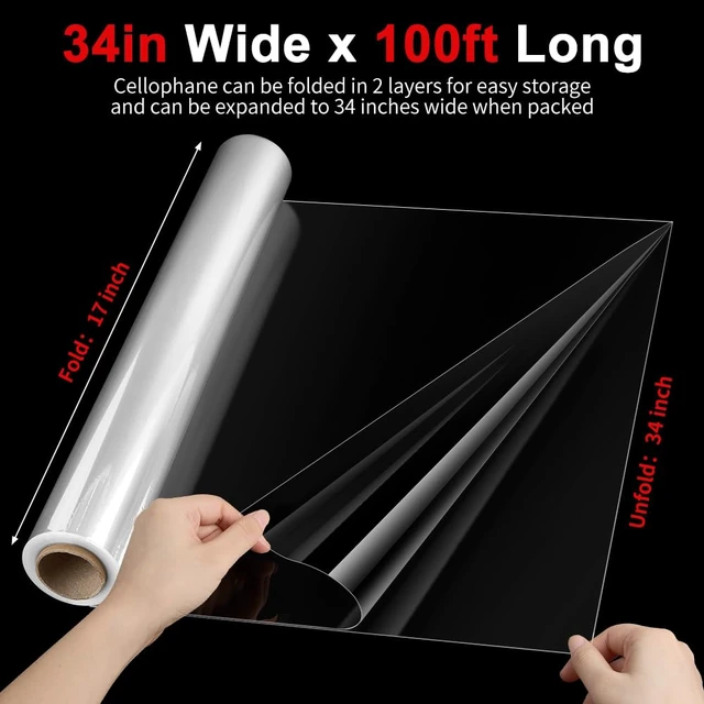 Alt view image 2 of 7 - 34 In x 100 Ft Clear Cellophane Wrap Roll | 34" Fold into 17", Extra Wide, 2.5 Mil Thick Transparent Wrapping Paper for Baskets, Flower Bouquets
