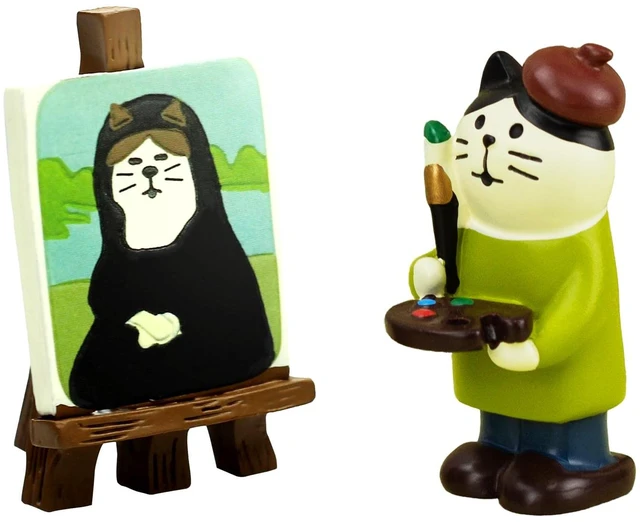 Main image of Artist Cat with Painting Easel, Resin Mini Cat Figurine Desk Decor | A tuxedo cat in a brown beret paints at her easel - brush, palette and one tiny masterpiece