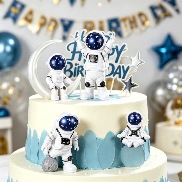 Alt view image 5 of 7 - Blue White Astronaut Figurines Statues Set of 4, Space Theme Decor | Astronaut Decor for Shelf Desk Table Kids Room Classroom Birthday Baby Shower, Space Cake Decorations Gifts