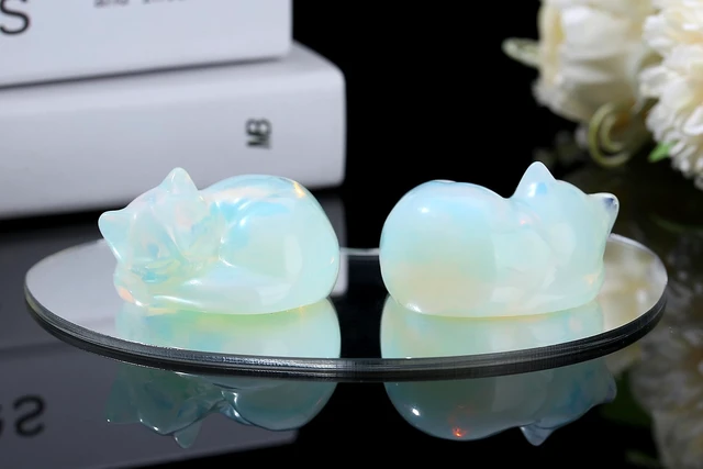 Alt view image 2 of 7 - 2" Opal Cat Decor Crystals Opalite Ornaments Cat Themed Gifts for Women Hand-Carved Moonstone Sleeping Cats Gemstone Cute Animal Figurines Home Office Desk Decor Stocking Stuffers for Women