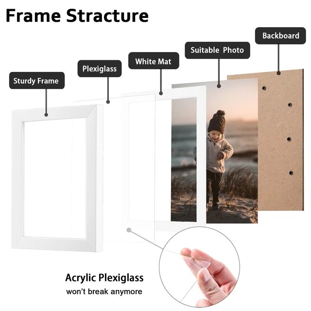 Alt view image 2 of 7 - 5x7 Picture Frame White, Wooden Photo Frame Matted 4x6 with Plexiglass for 4x6 with Mat or 5x7 without Mat for Table and Wall Display
