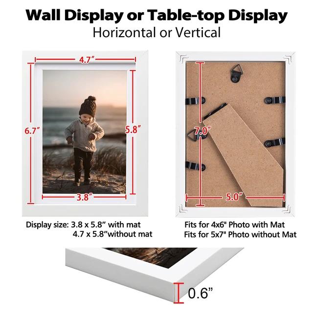 Alt view image 7 of 7 - 5x7 Picture Frame White, Wooden Photo Frame Matted 4x6 with Plexiglass for 4x6 with Mat or 5x7 without Mat for Table and Wall Display