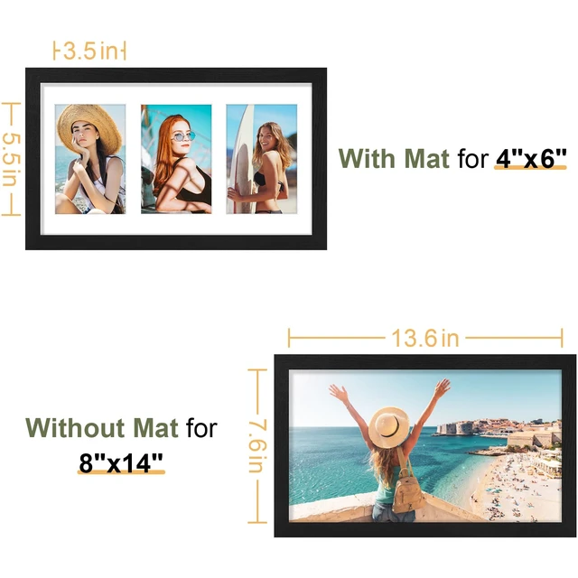 Alt view image 4 of 7 - 8x14 Collage Picture Frame, Displays 3Pcs 4x6 Pictures, Black | Picture Frame Collage for 3Pcs 4x6 Photos with Mat, MDF Photo Frames with Plexiglass, Horizontal or Vertical Display