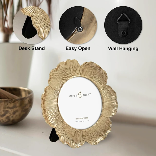 Alt view image 4 of 7 - Circular Gold Floral Photo Frame / 4x4 In | For Tabletop Display | Perfect for Home Decor, Wedding, Graduation, Or Milestone Photos