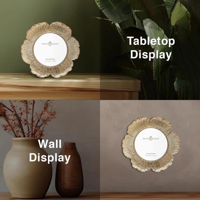 Alt view image 7 of 7 - Circular Gold Floral Photo Frame / 4x4 In | For Tabletop Display | Perfect for Home Decor, Wedding, Graduation, Or Milestone Photos