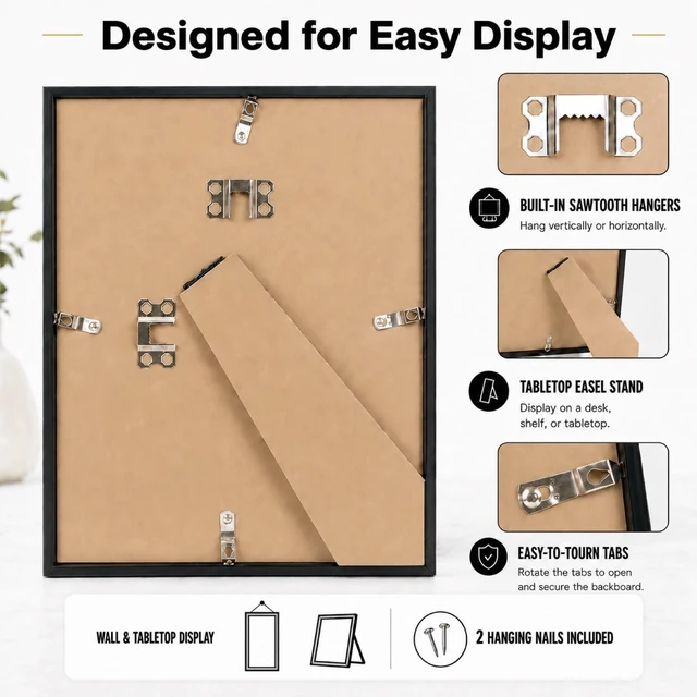 Alt view image 4 of 7 - 8.5x11 inch Picture Frame Black for Certificate Poster and Photo, Horizontal and Vertical Formats for Wall Hanging or Tabletop, 8.5x11 Frame with Shatter Resistant Plexiglass, Black