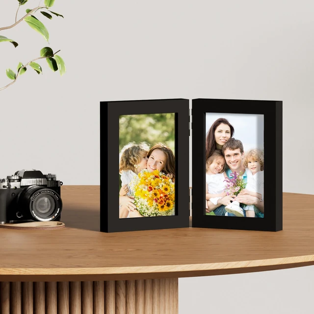 Alt view image 6 of 7 - Double 4x6 Picture Frame Vertical, Black | Engineered Wood Bifold Photo Frame with Plexiglass, Fits 2 4x6 Pictures for Tabletop Display, 1 Pack