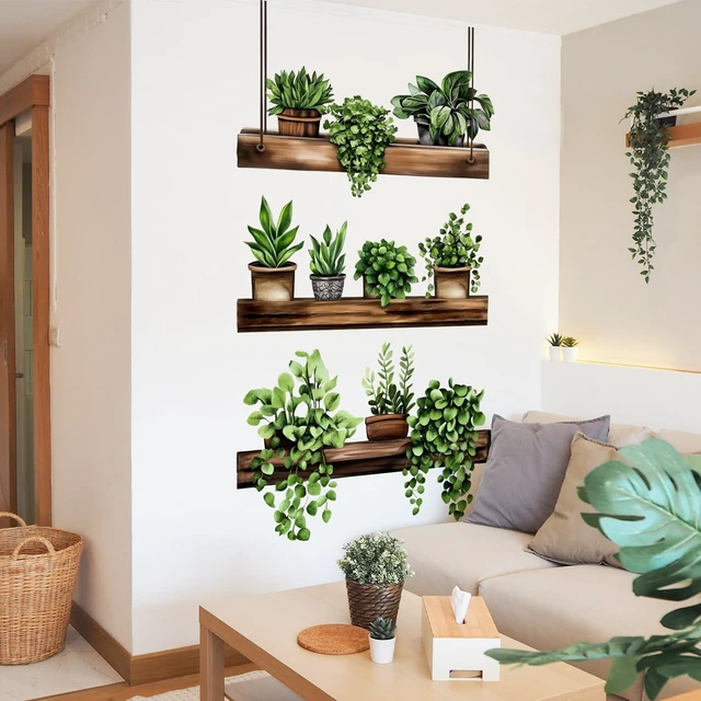Main image of 3 Pack 3D Potted Green Plant Shelf Wall Decals, Hanging Green Plant Wooden Shelf Wall Stickers for Bathroom Kitchen Living Room Bedroom Home Decor