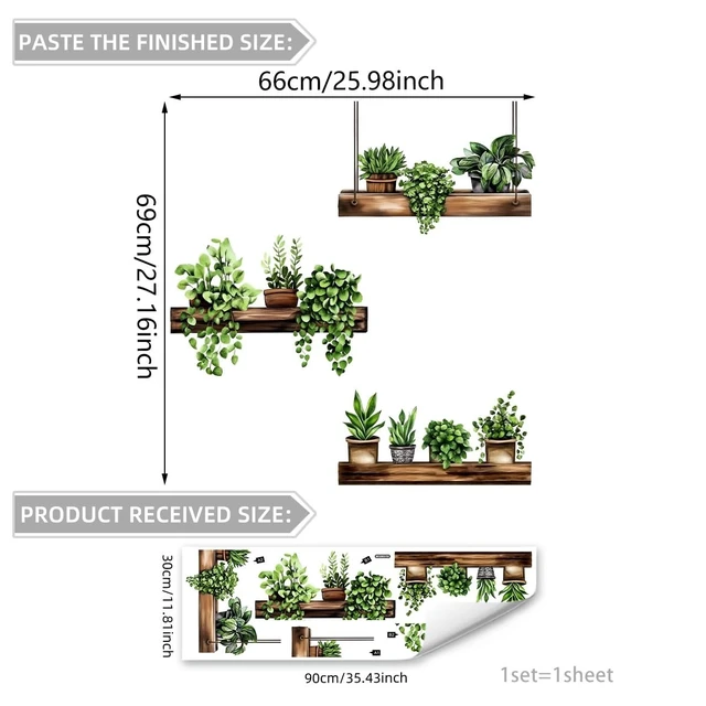 Alt view image 2 of 6 - 3 Pack 3D Potted Green Plant Shelf Wall Decals, Hanging Green Plant Wooden Shelf Wall Stickers for Bathroom Kitchen Living Room Bedroom Home Decor