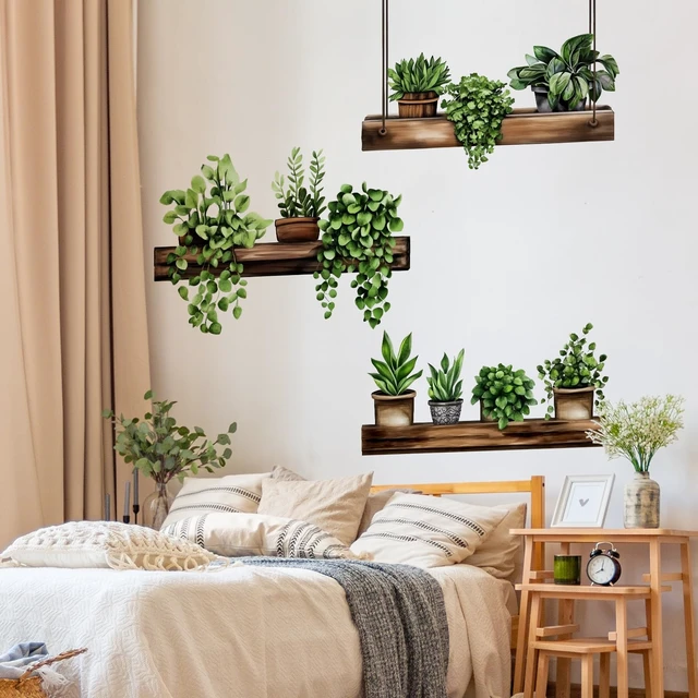 Alt view image 3 of 6 - 3 Pack 3D Potted Green Plant Shelf Wall Decals, Hanging Green Plant Wooden Shelf Wall Stickers for Bathroom Kitchen Living Room Bedroom Home Decor
