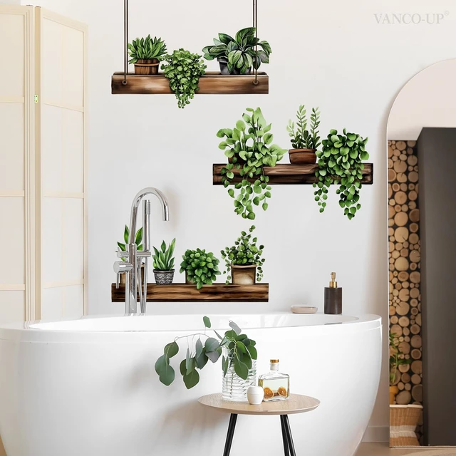 Alt view image 4 of 6 - 3 Pack 3D Potted Green Plant Shelf Wall Decals, Hanging Green Plant Wooden Shelf Wall Stickers for Bathroom Kitchen Living Room Bedroom Home Decor