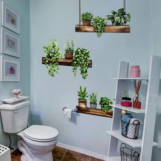 Alt view image 5 of 6 - 3 Pack 3D Potted Green Plant Shelf Wall Decals, Hanging Green Plant Wooden Shelf Wall Stickers for Bathroom Kitchen Living Room Bedroom Home Decor