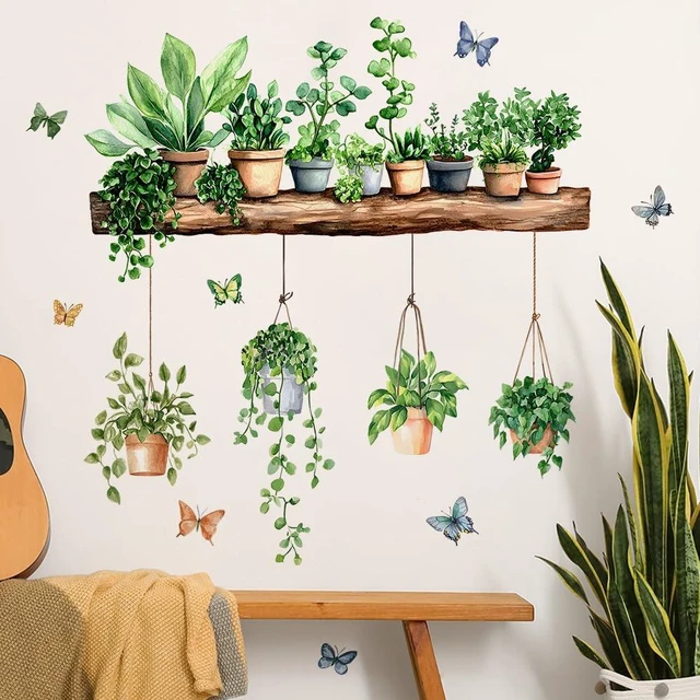 Main image of 3D Potted Green Plant Shelf Wall Decals | Green Botanical Tropical Succulent Wall Stickers for Living Room Kitchen Home Decor