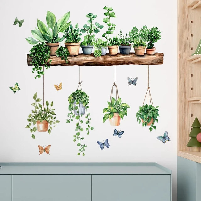 Alt view image 3 of 6 - 3D Potted Green Plant Shelf Wall Decals | Green Botanical Tropical Succulent Wall Stickers for Living Room Kitchen Home Decor