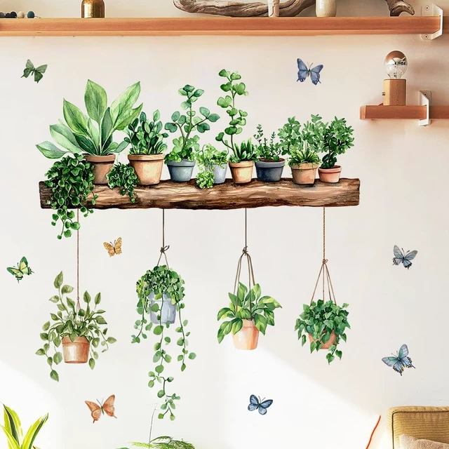 Alt view image 6 of 6 - 3D Potted Green Plant Shelf Wall Decals | Green Botanical Tropical Succulent Wall Stickers for Living Room Kitchen Home Decor