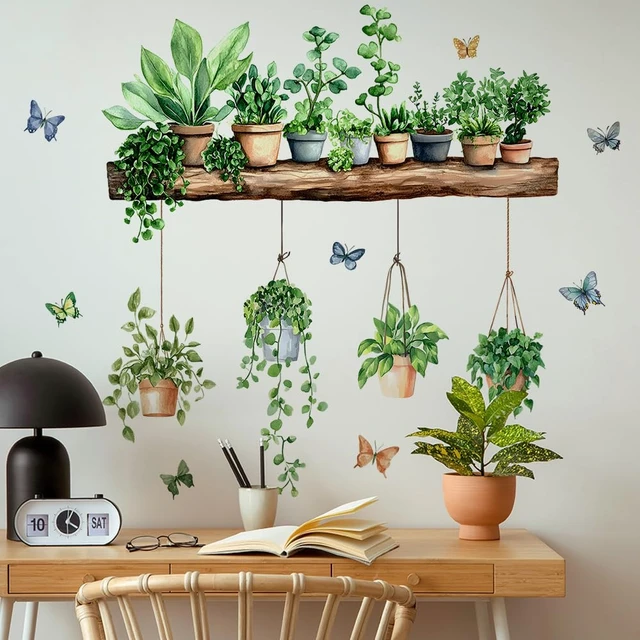Alt view image 4 of 6 - 3D Potted Green Plant Shelf Wall Decals | Green Botanical Tropical Succulent Wall Stickers for Living Room Kitchen Home Decor