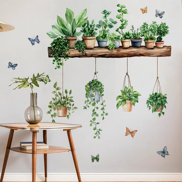 Alt view image 5 of 6 - 3D Potted Green Plant Shelf Wall Decals | Green Botanical Tropical Succulent Wall Stickers for Living Room Kitchen Home Decor