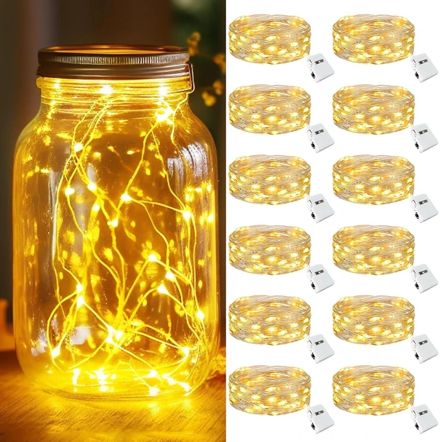 Main image of 12 Pack Fairy Lights Battery Operated, Twinkle Mini String Lights | Warm White, 3 Modes, 7Ft/20 LED, Waterproof, for DIY Crafts Xmas Mason Jars Wedding Party Table Centerpiece Decoration