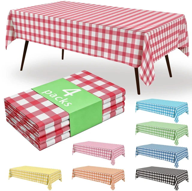Main image of 4 Pack Disposable Plastic Tablecloths, 54 x 108 Inch Waterproof Red White Gingham Check Table Covers, Rectangle Spillproof Table Cloths for Picnic, Birthday Party, Back to School Supplies