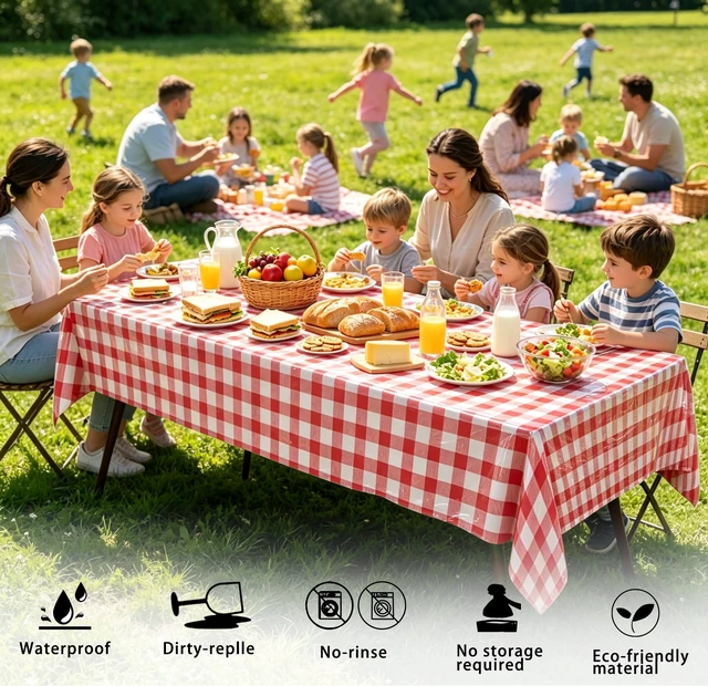 Alt view image 3 of 5 - 4 Pack Disposable Plastic Tablecloths, 54 x 108 Inch Waterproof Red White Gingham Check Table Covers, Rectangle Spillproof Table Cloths for Picnic, Birthday Party, Back to School Supplies