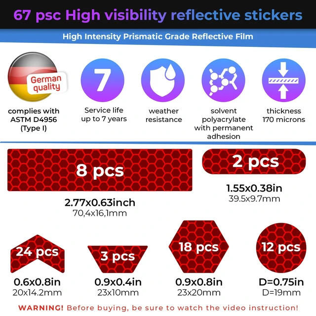 Alt view image 3 of 7 - ® Reflective Stickers for Bikes & Helmets | 67pc Prismatic, Red | Bright German ORAFOL prismatic film with permanent adhesive for bikes, helmets, motorcycles and trailers; made for night use