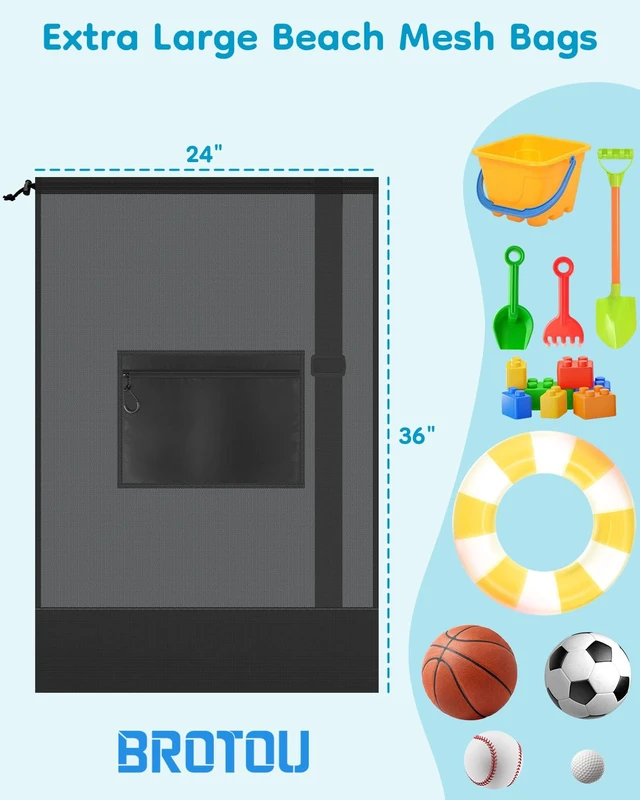 Alt view image 2 of 7 - 1PC Large Mesh Beach Bag Drawstring Toys Bag | 24" x 36" Swim Pool Toys Balls Storage Bags Gym backpack, Beach Toy Shells Organizer