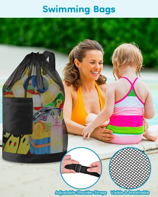 Alt view image 6 of 7 - 1PC Large Mesh Beach Bag Drawstring Toys Bag | 24" x 36" Swim Pool Toys Balls Storage Bags Gym backpack, Beach Toy Shells Organizer