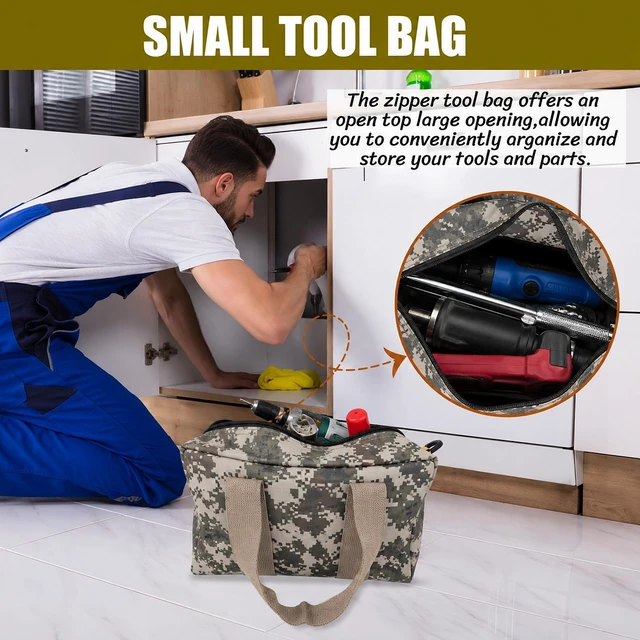 Alt view image 2 of 7 - Small Tool Bag, Width Mouth Tool Bag for Screwdrivers,Wrench,Hand Tools | Large Capacity Camouflage Tool Bags, Mechanic Tool Storage Handbag for vehicle maintenance carpentry workers plumber