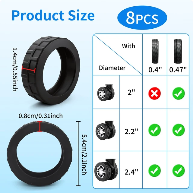 Alt view image 3 of 7 - 8 PCS Silicone Luggage Wheel Covers, Suitcase Wheel Protectors, Anti-Slip Noise Reducing Luggage Wheel Covers Fits 2" - 2.4" for Carry On Luggage Wheels, Black