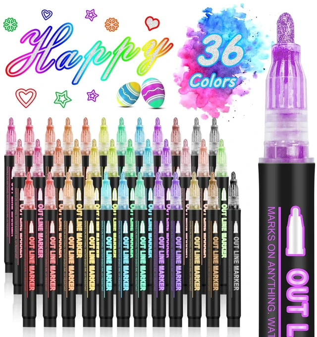 Main image of Double Line Outline Markers, 36 Colors Super Squiggles Shimmer Outline Marker Pen Set, Self Outline Metallic Markers Glitter Writing Drawing Pens for Birthday Greeting Card, Doodling, DIY Art Crafts
